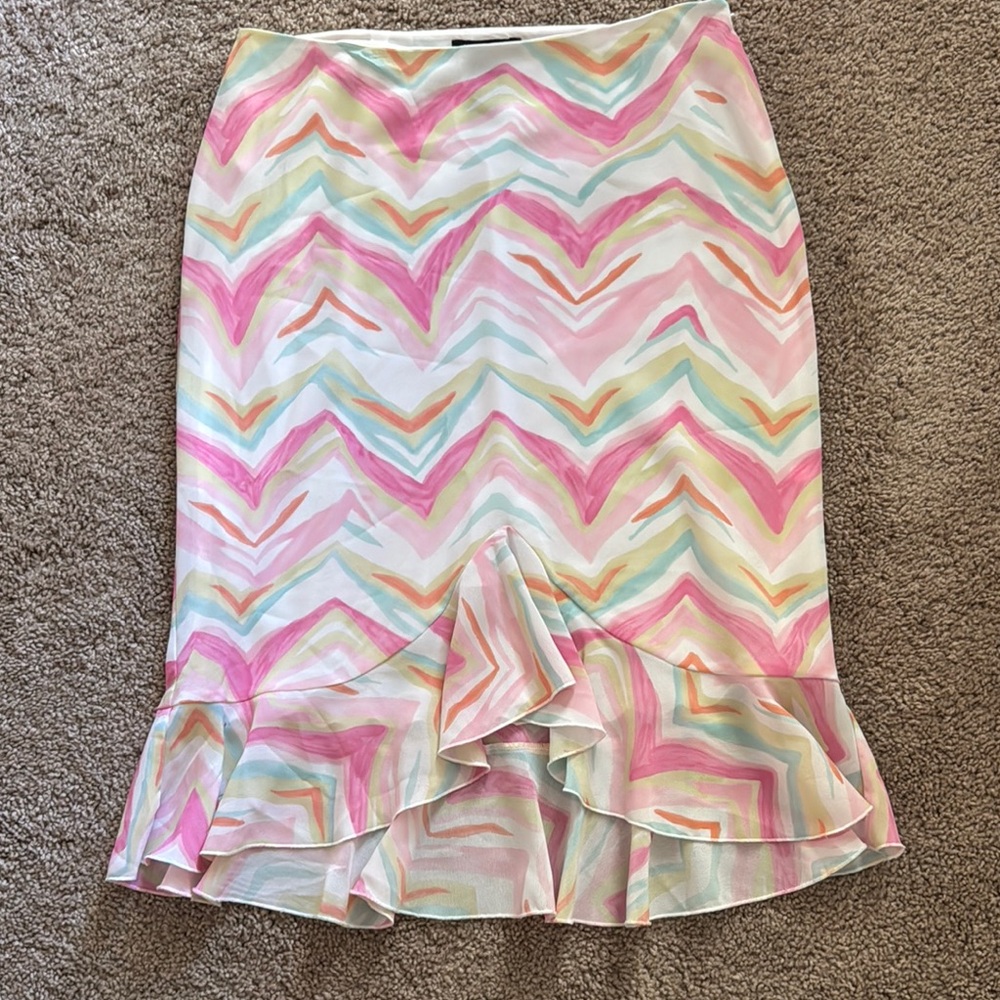New York & Company Pink and Green Asymmetrical Ruffled Skirt
